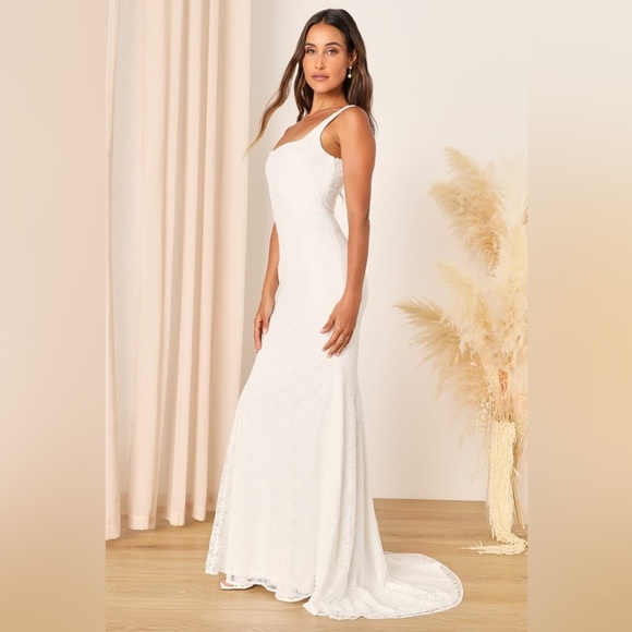 Size L Lulus Eternal Happiness White Lace Square Neck Mermaid Maxi Dress - Picture 4 of 10